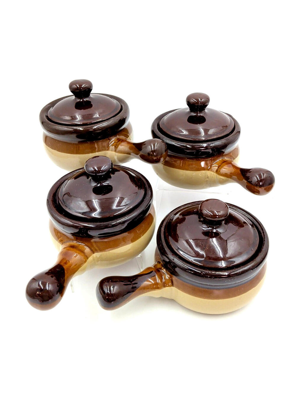 4 VTG French Onion Soup Crock Handled Bowls with Lid Brown Rustic Ombre Glazed